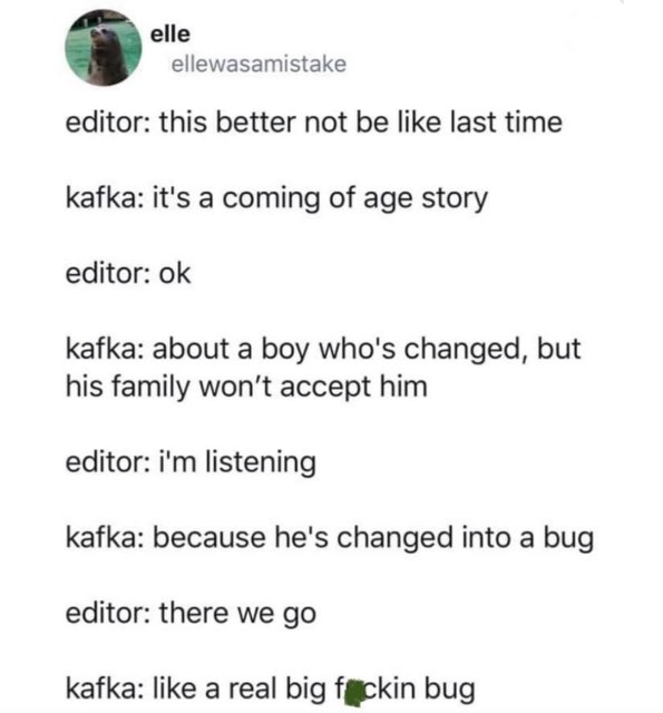 Kafka trying to describe The Metamorphosis to an editor. Like, just say it.